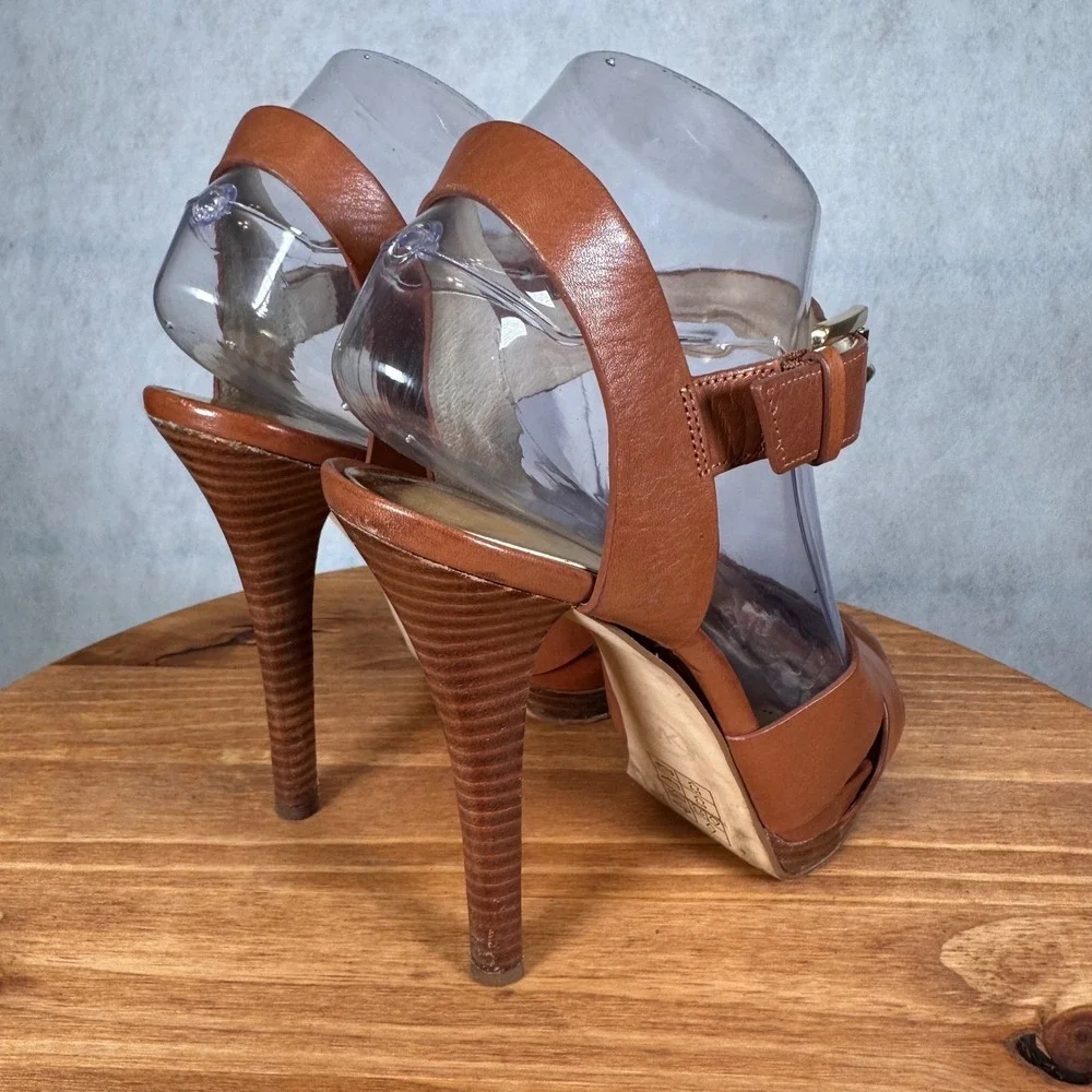 Michael Kors Platform Sandals Womens 8M Brown Good Leather Ankle Strap ST15A